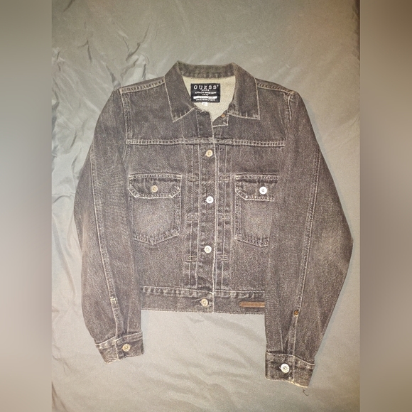 VTG Guess USA Jeans Denim Jacket Cropped Style Retro 90s Light Wash biker sty xL - Picture 3 of 6